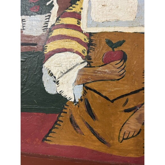 Vintage Primitive Folk Art Painting On Board Girl With Apple Portrait PA Dutch - Picture 5 of 9